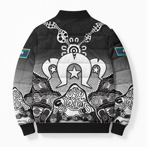 Torres Strait Islander Flag Bomber Puffer Jacket Dhari Indigenous Dotwork Pattern Art