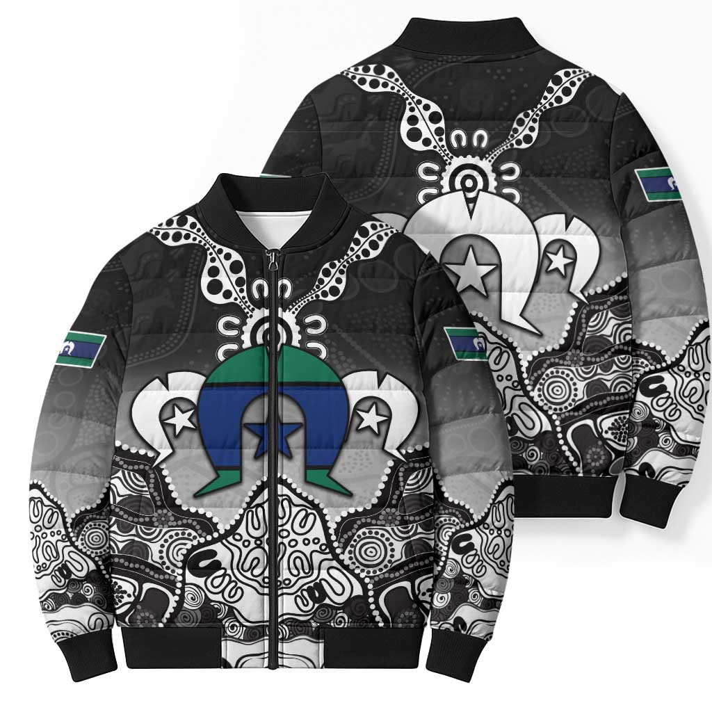 Torres Strait Islander Flag Bomber Puffer Jacket Dhari Indigenous Dotwork Pattern Art