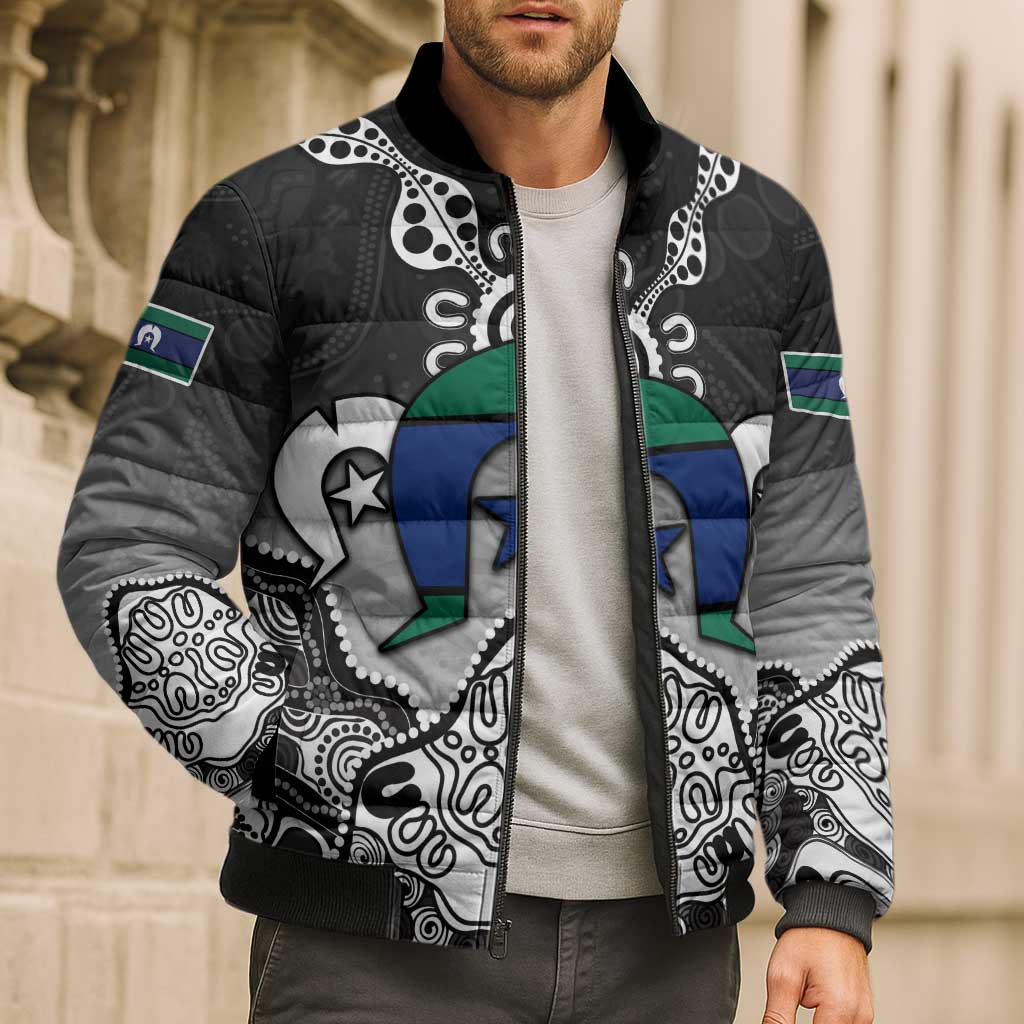 Torres Strait Islander Flag Bomber Puffer Jacket Dhari Indigenous Dotwork Pattern Art
