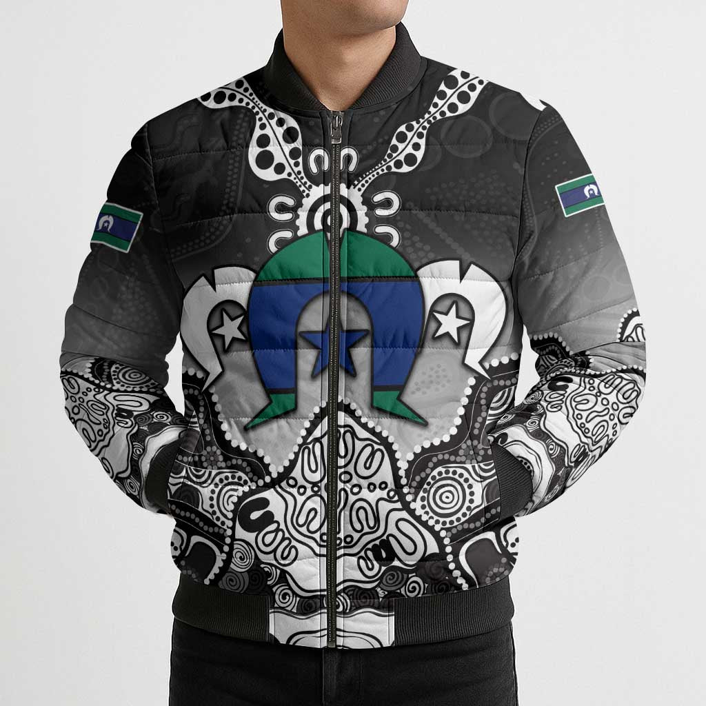 Torres Strait Islander Flag Bomber Puffer Jacket Dhari Indigenous Dotwork Pattern Art
