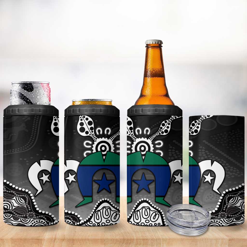 Torres Strait Islander Flag 4 in 1 Can Cooler Tumbler Dhari Indigenous Dotwork Pattern Art