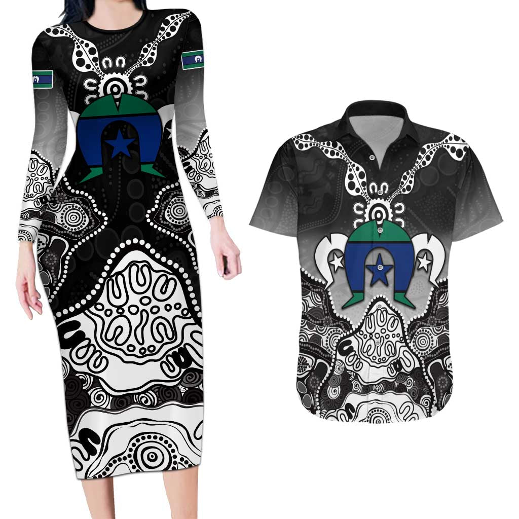 Torres Strait Islander Flag Couples Matching Long Sleeve Bodycon Dress and Hawaiian Shirt Dhari Indigenous Dotwork Pattern Art