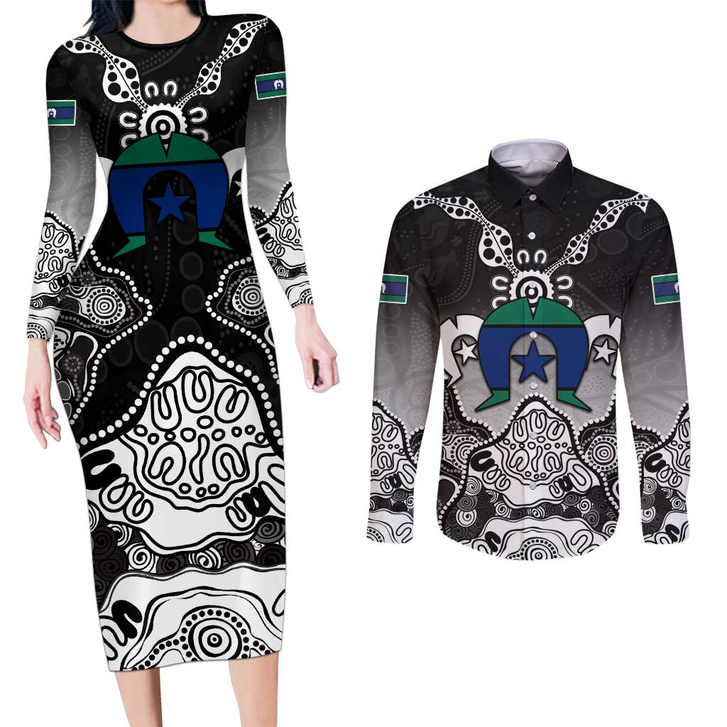 Torres Strait Islander Flag Couples Matching Long Sleeve Bodycon Dress and Long Sleeve Button Shirt Dhari Indigenous Dotwork Pattern Art