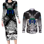Torres Strait Islander Flag Couples Matching Long Sleeve Bodycon Dress and Long Sleeve Button Shirt Dhari Indigenous Dotwork Pattern Art