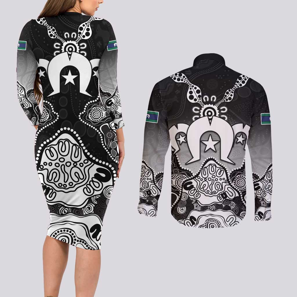 Torres Strait Islander Flag Couples Matching Long Sleeve Bodycon Dress and Long Sleeve Button Shirt Dhari Indigenous Dotwork Pattern Art