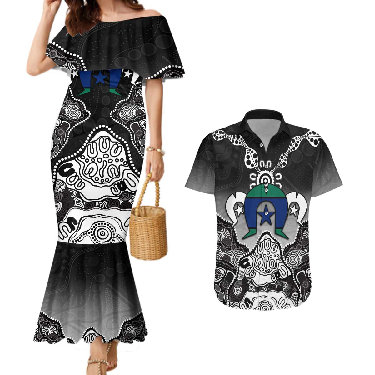 Torres Strait Islander Flag Couples Matching Mermaid Dress and Hawaiian Shirt Dhari Indigenous Dotwork Pattern Art