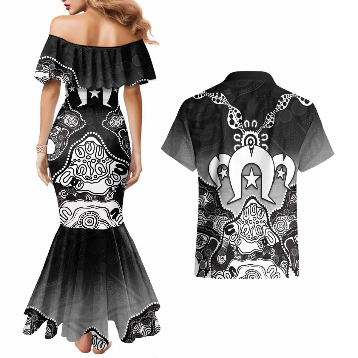 Torres Strait Islander Flag Couples Matching Mermaid Dress and Hawaiian Shirt Dhari Indigenous Dotwork Pattern Art