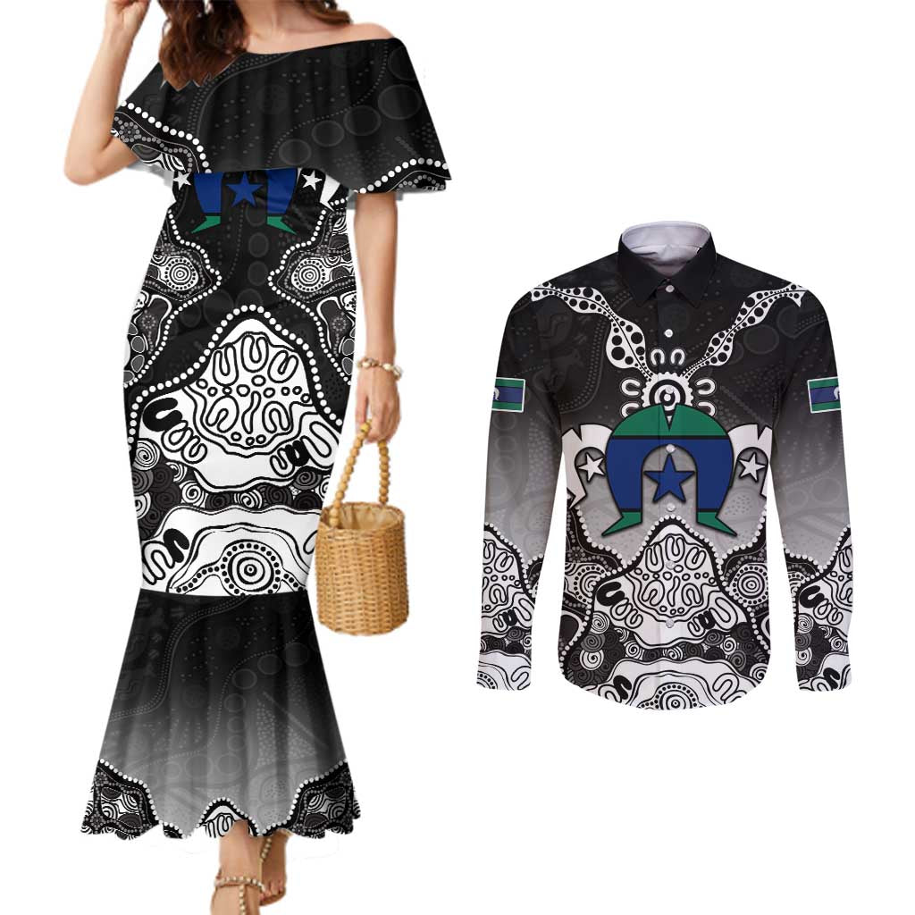 Torres Strait Islander Flag Couples Matching Mermaid Dress and Long Sleeve Button Shirt Dhari Indigenous Dotwork Pattern Art