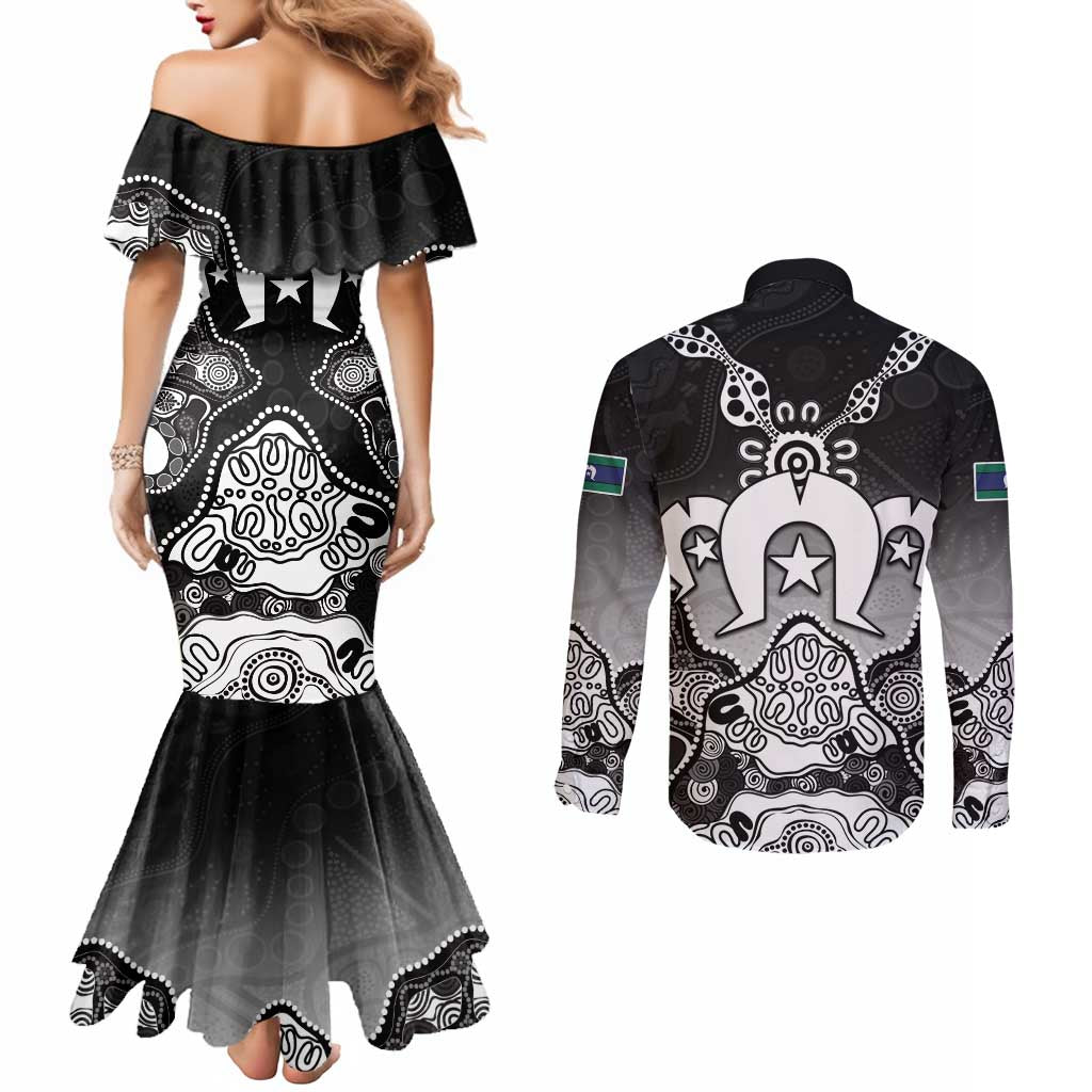 Torres Strait Islander Flag Couples Matching Mermaid Dress and Long Sleeve Button Shirt Dhari Indigenous Dotwork Pattern Art