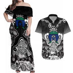 Torres Strait Islander Flag Couples Matching Off Shoulder Maxi Dress and Hawaiian Shirt Dhari Indigenous Dotwork Pattern Art