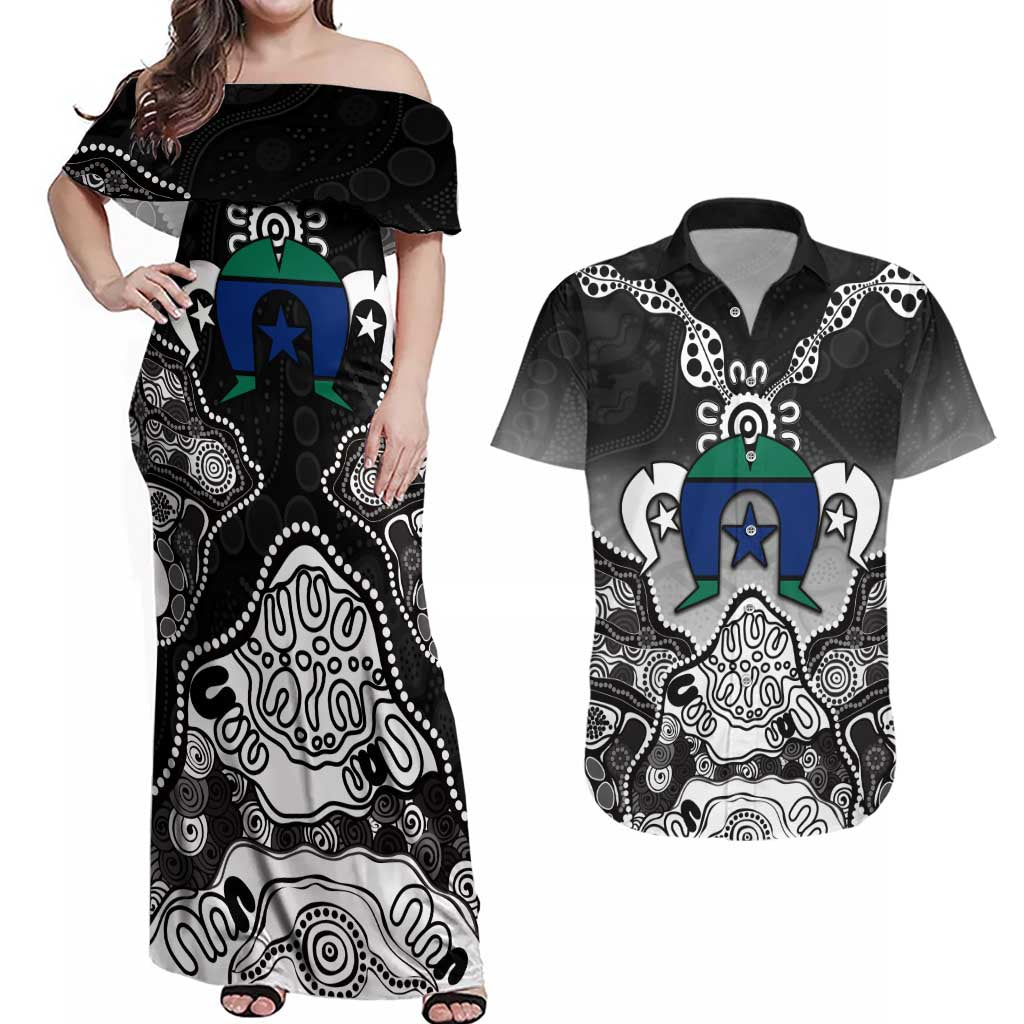 Torres Strait Islander Flag Couples Matching Off Shoulder Maxi Dress and Hawaiian Shirt Dhari Indigenous Dotwork Pattern Art