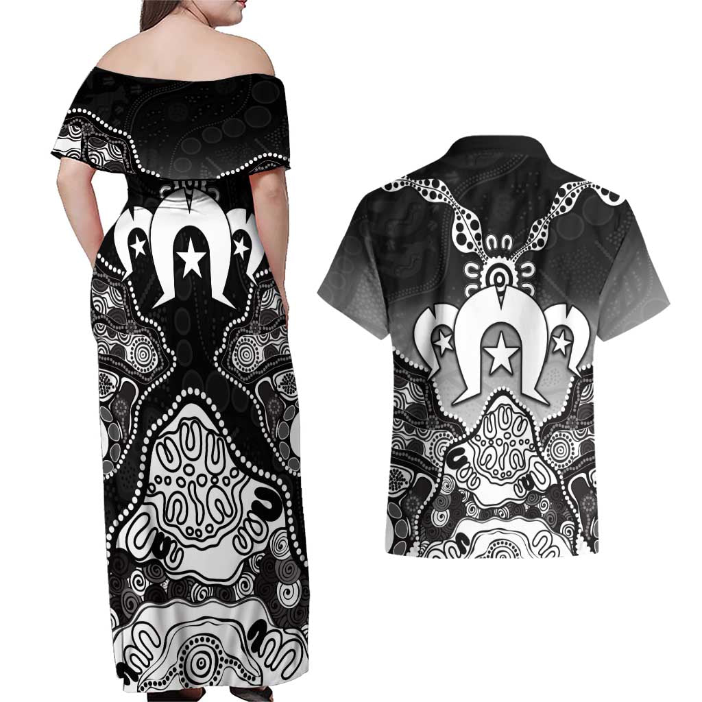 Torres Strait Islander Flag Couples Matching Off Shoulder Maxi Dress and Hawaiian Shirt Dhari Indigenous Dotwork Pattern Art