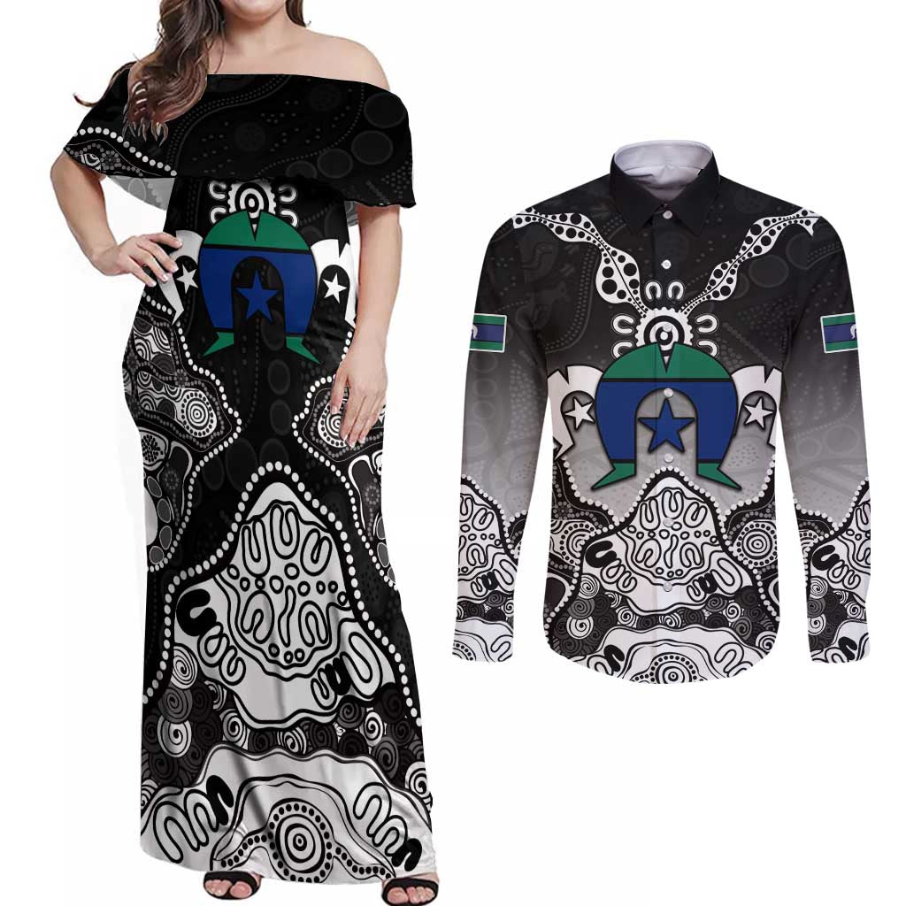 Torres Strait Islander Flag Couples Matching Off Shoulder Maxi Dress and Long Sleeve Button Shirt Dhari Indigenous Dotwork Pattern Art