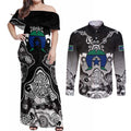 Torres Strait Islander Flag Couples Matching Off Shoulder Maxi Dress and Long Sleeve Button Shirt Dhari Indigenous Dotwork Pattern Art