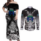 Torres Strait Islander Flag Couples Matching Off Shoulder Maxi Dress and Long Sleeve Button Shirt Dhari Indigenous Dotwork Pattern Art