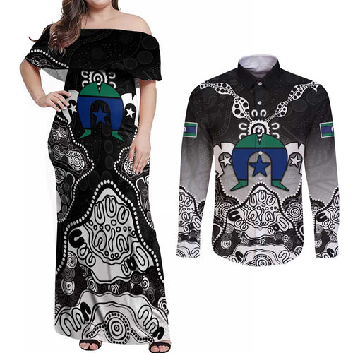 Torres Strait Islander Flag Couples Matching Off Shoulder Maxi Dress and Long Sleeve Button Shirt Dhari Indigenous Dotwork Pattern Art