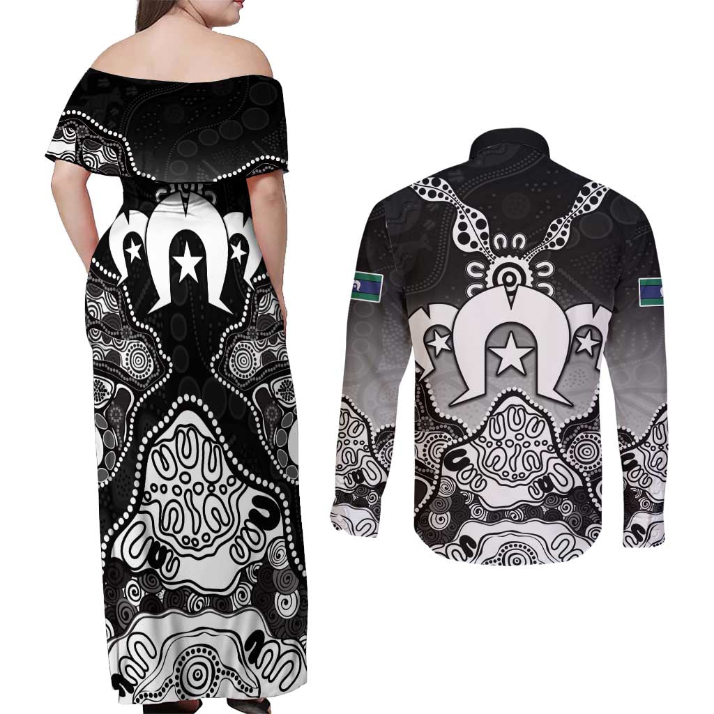 Torres Strait Islander Flag Couples Matching Off Shoulder Maxi Dress and Long Sleeve Button Shirt Dhari Indigenous Dotwork Pattern Art