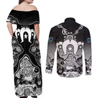 Torres Strait Islander Flag Couples Matching Off Shoulder Maxi Dress and Long Sleeve Button Shirt Dhari Indigenous Dotwork Pattern Art
