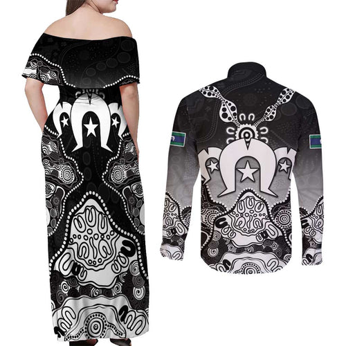 Torres Strait Islander Flag Couples Matching Off Shoulder Maxi Dress and Long Sleeve Button Shirt Dhari Indigenous Dotwork Pattern Art