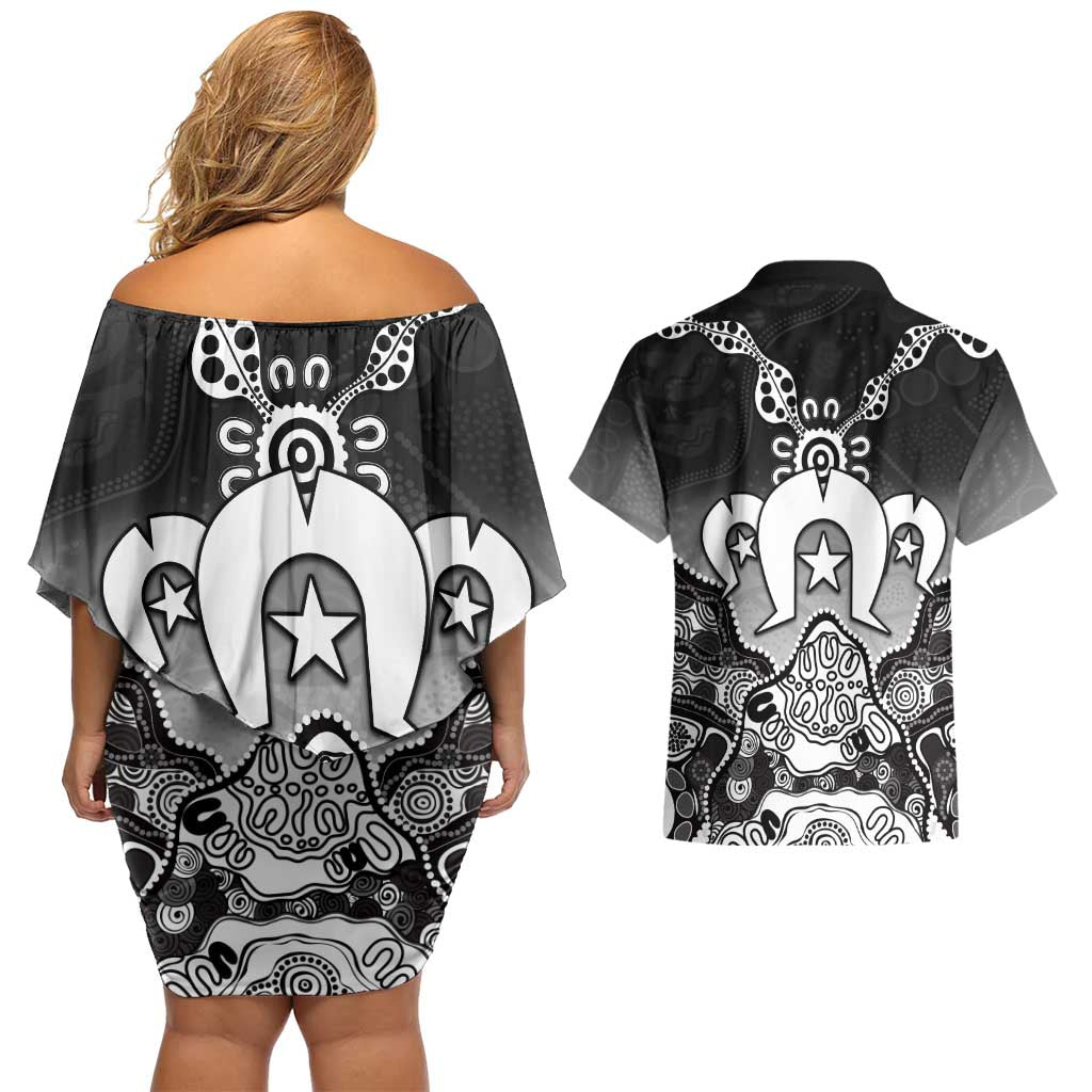 Torres Strait Islander Flag Couples Matching Off Shoulder Short Dress and Hawaiian Shirt Dhari Indigenous Dotwork Pattern Art