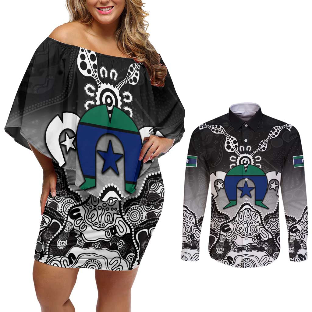 Torres Strait Islander Flag Couples Matching Off Shoulder Short Dress and Long Sleeve Button Shirt Dhari Indigenous Dotwork Pattern Art