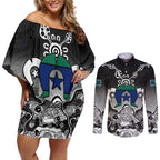 Torres Strait Islander Flag Couples Matching Off Shoulder Short Dress and Long Sleeve Button Shirt Dhari Indigenous Dotwork Pattern Art