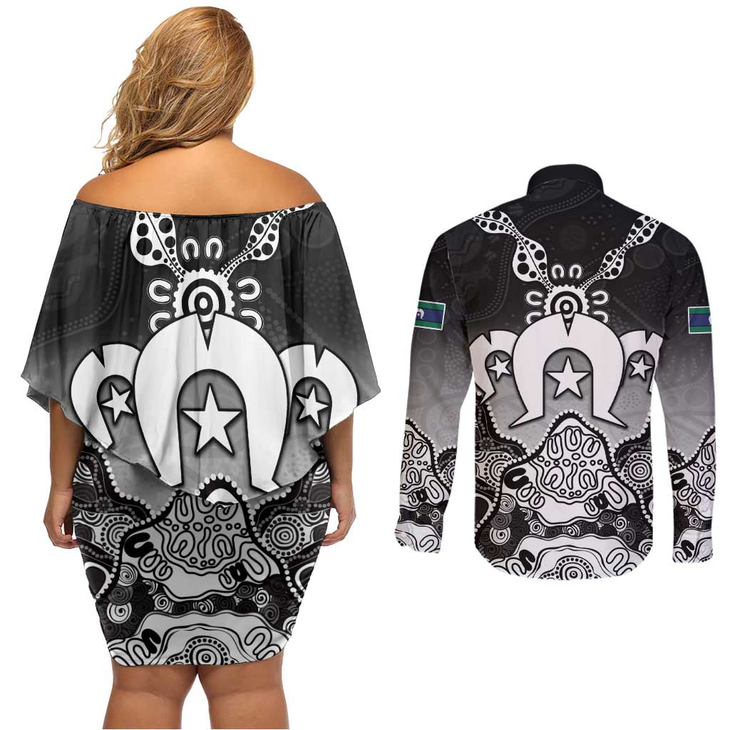 Torres Strait Islander Flag Couples Matching Off Shoulder Short Dress and Long Sleeve Button Shirt Dhari Indigenous Dotwork Pattern Art
