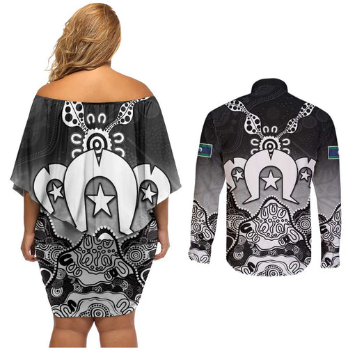 Torres Strait Islander Flag Couples Matching Off Shoulder Short Dress and Long Sleeve Button Shirt Dhari Indigenous Dotwork Pattern Art