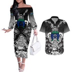 Torres Strait Islander Flag Couples Matching Off The Shoulder Long Sleeve Dress and Hawaiian Shirt Dhari Indigenous Dotwork Pattern Art