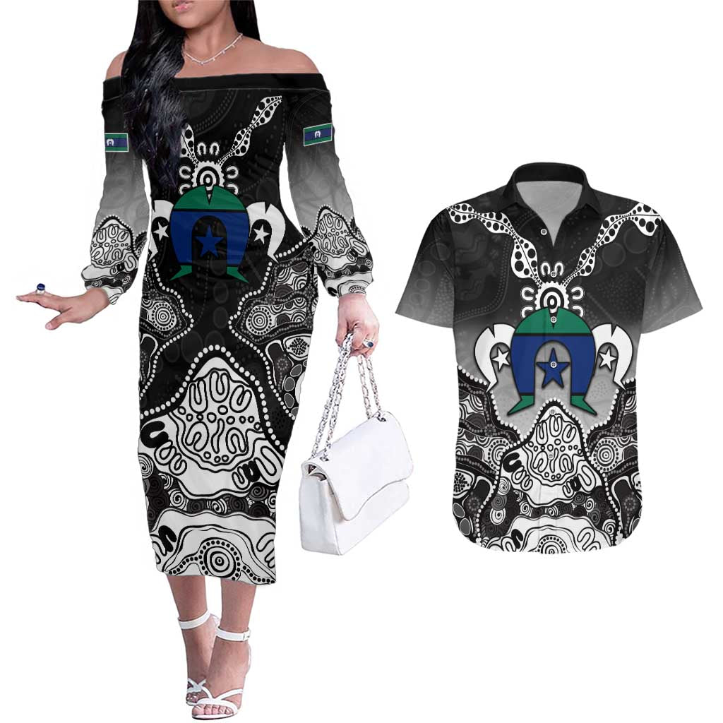 Torres Strait Islander Flag Couples Matching Off The Shoulder Long Sleeve Dress and Hawaiian Shirt Dhari Indigenous Dotwork Pattern Art