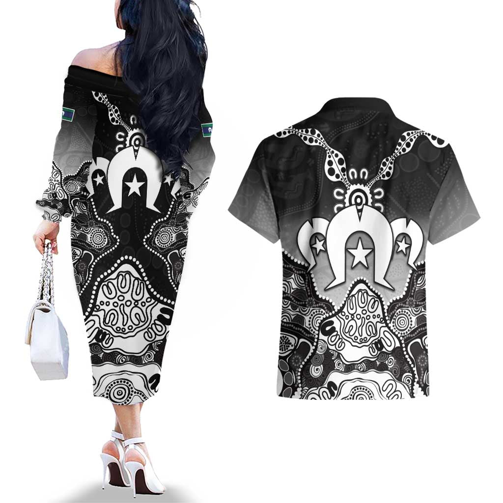 Torres Strait Islander Flag Couples Matching Off The Shoulder Long Sleeve Dress and Hawaiian Shirt Dhari Indigenous Dotwork Pattern Art