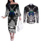 Torres Strait Islander Flag Couples Matching Off The Shoulder Long Sleeve Dress and Long Sleeve Button Shirt Dhari Indigenous Dotwork Pattern Art
