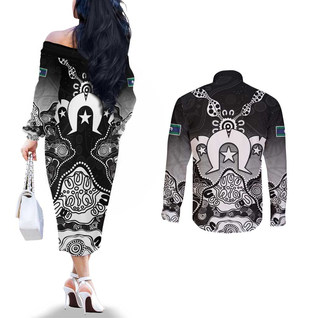 Torres Strait Islander Flag Couples Matching Off The Shoulder Long Sleeve Dress and Long Sleeve Button Shirt Dhari Indigenous Dotwork Pattern Art