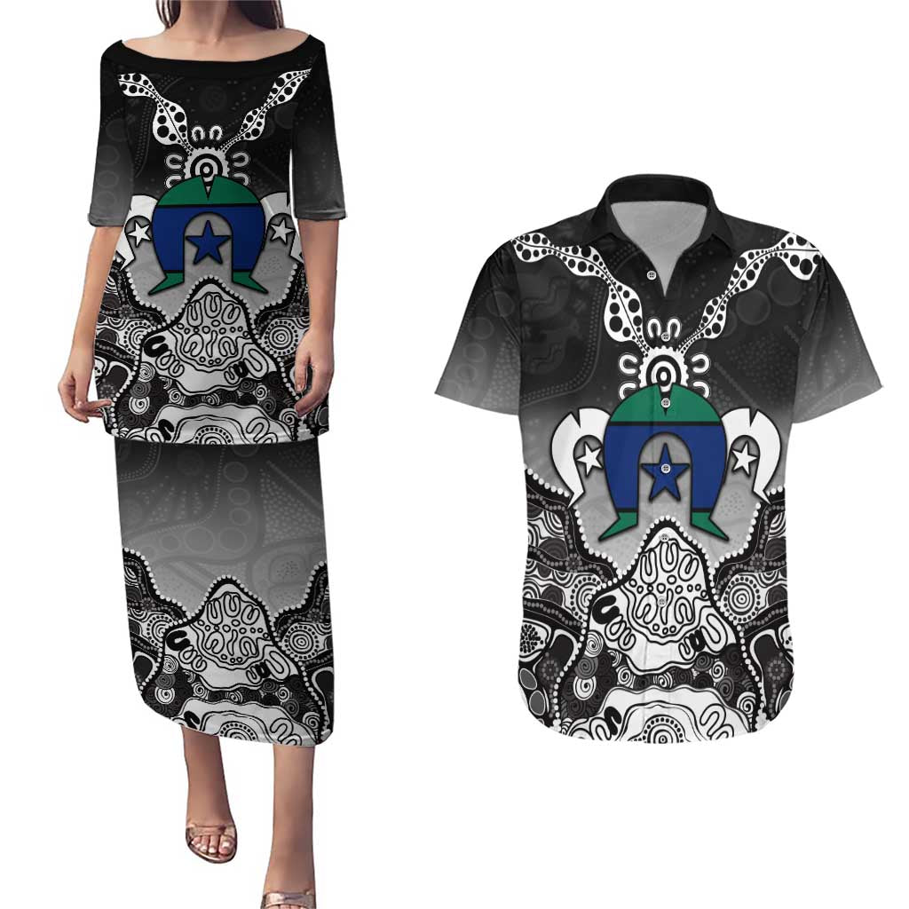 Torres Strait Islander Flag Couples Matching Puletasi and Hawaiian Shirt Dhari Indigenous Dotwork Pattern Art