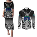 Torres Strait Islander Flag Couples Matching Puletasi and Long Sleeve Button Shirt Dhari Indigenous Dotwork Pattern Art