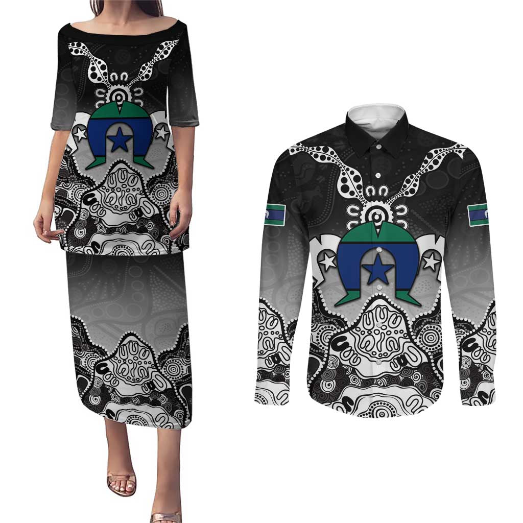 Torres Strait Islander Flag Couples Matching Puletasi and Long Sleeve Button Shirt Dhari Indigenous Dotwork Pattern Art