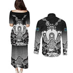 Torres Strait Islander Flag Couples Matching Puletasi and Long Sleeve Button Shirt Dhari Indigenous Dotwork Pattern Art