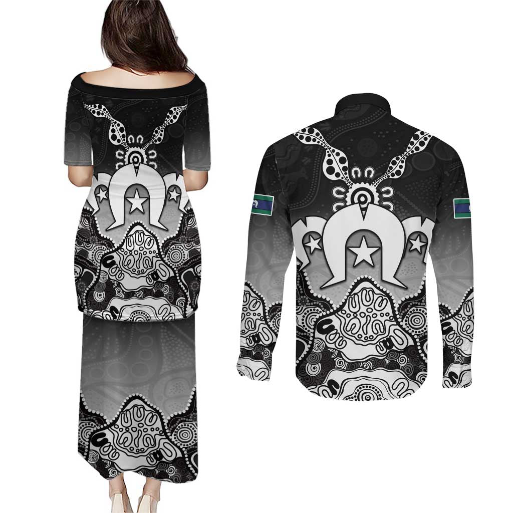 Torres Strait Islander Flag Couples Matching Puletasi and Long Sleeve Button Shirt Dhari Indigenous Dotwork Pattern Art
