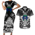 Torres Strait Islander Flag Couples Matching Short Sleeve Bodycon Dress and Hawaiian Shirt Dhari Indigenous Dotwork Pattern Art