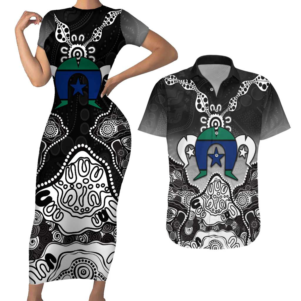 Torres Strait Islander Flag Couples Matching Short Sleeve Bodycon Dress and Hawaiian Shirt Dhari Indigenous Dotwork Pattern Art