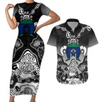 Torres Strait Islander Flag Couples Matching Short Sleeve Bodycon Dress and Hawaiian Shirt Dhari Indigenous Dotwork Pattern Art