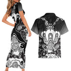 Torres Strait Islander Flag Couples Matching Short Sleeve Bodycon Dress and Hawaiian Shirt Dhari Indigenous Dotwork Pattern Art