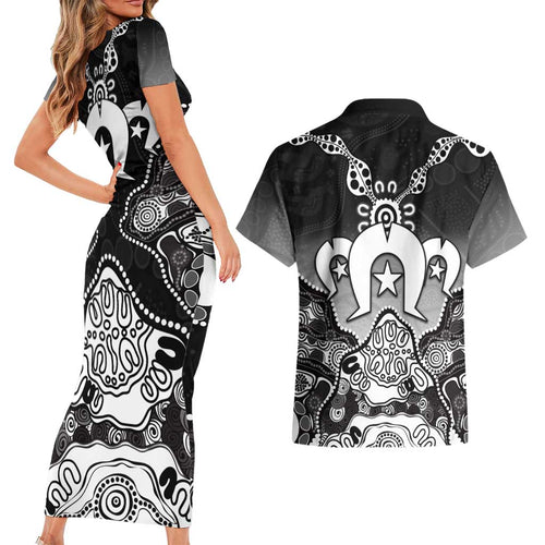 Torres Strait Islander Flag Couples Matching Short Sleeve Bodycon Dress and Hawaiian Shirt Dhari Indigenous Dotwork Pattern Art
