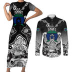 Torres Strait Islander Flag Couples Matching Short Sleeve Bodycon Dress and Long Sleeve Button Shirt Dhari Indigenous Dotwork Pattern Art