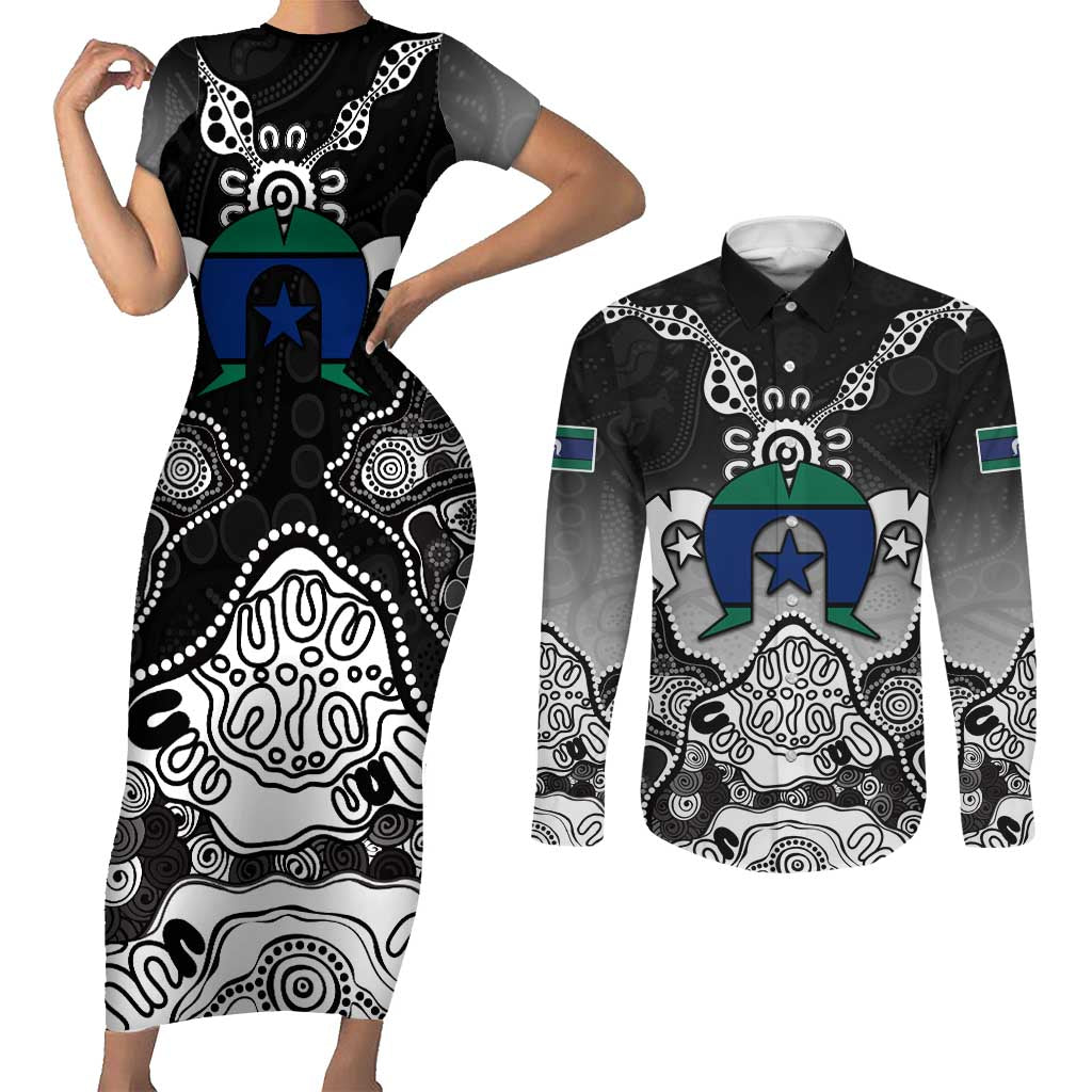 Torres Strait Islander Flag Couples Matching Short Sleeve Bodycon Dress and Long Sleeve Button Shirt Dhari Indigenous Dotwork Pattern Art
