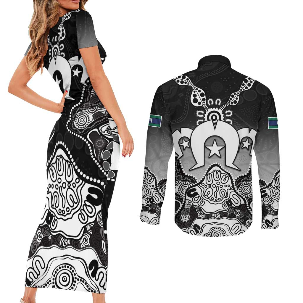Torres Strait Islander Flag Couples Matching Short Sleeve Bodycon Dress and Long Sleeve Button Shirt Dhari Indigenous Dotwork Pattern Art