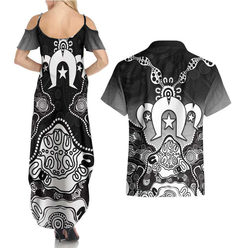 Torres Strait Islander Flag Couples Matching Summer Maxi Dress and Hawaiian Shirt Dhari Indigenous Dotwork Pattern Art