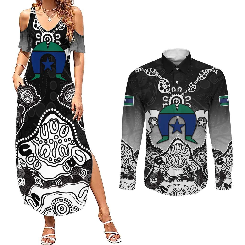Torres Strait Islander Flag Couples Matching Summer Maxi Dress and Long Sleeve Button Shirt Dhari Indigenous Dotwork Pattern Art