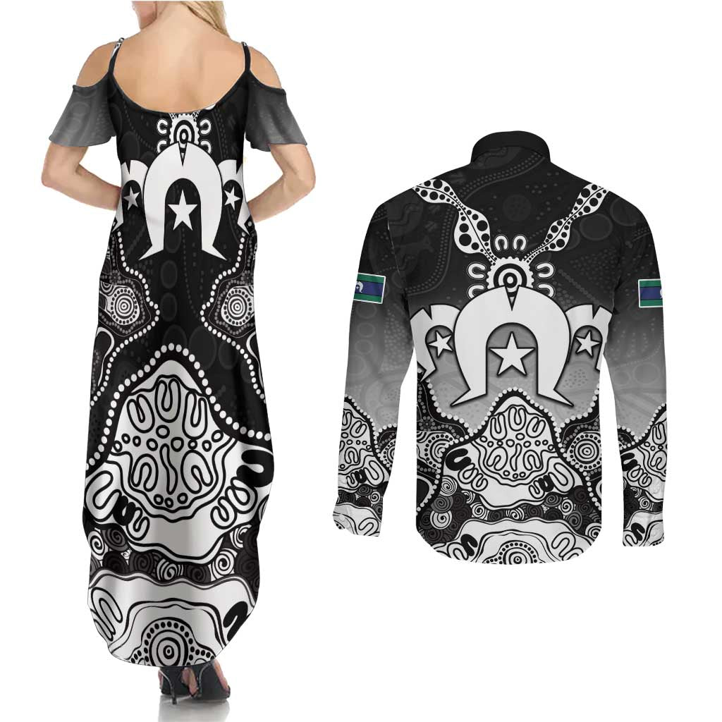 Torres Strait Islander Flag Couples Matching Summer Maxi Dress and Long Sleeve Button Shirt Dhari Indigenous Dotwork Pattern Art