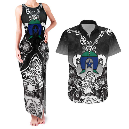 Torres Strait Islander Flag Couples Matching Tank Maxi Dress and Hawaiian Shirt Dhari Indigenous Dotwork Pattern Art